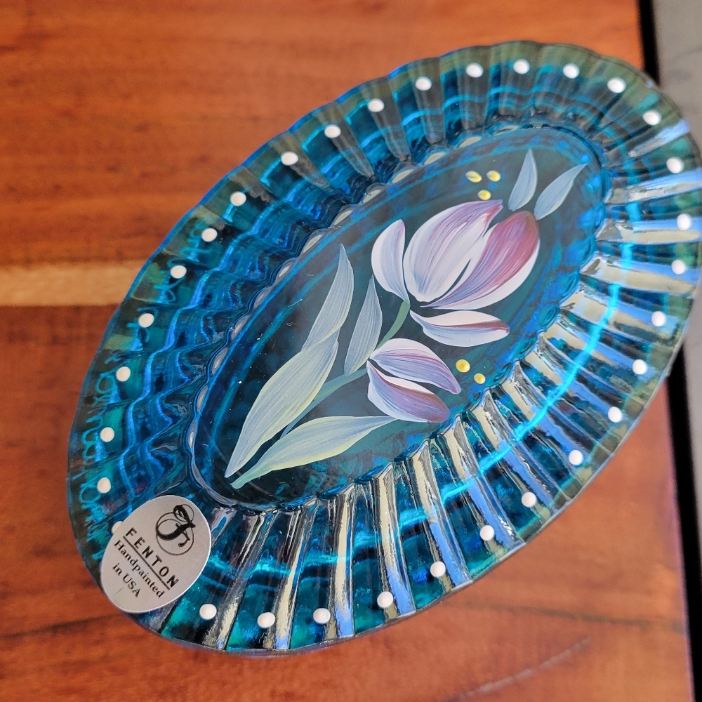 Vintage Fenton Art Glass USA Oval Turquoise Blue Color Hand Painted Floral RARE - Picture 2 of 13